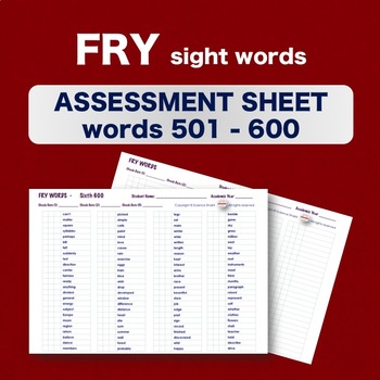 Preview of Fry Sight Words - Checklist - Words 501-600 - Assessment Sheets **NO PREP**