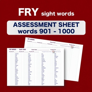 Preview of Fry Sight Words - Checklist - Words 901-1000 - Assessment Sheets  **NO PREP**
