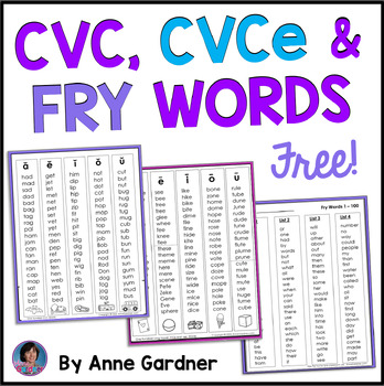 Preview of Free CVC & Fry High Frequency Sight Word Lists for Review, Assessment & Practice