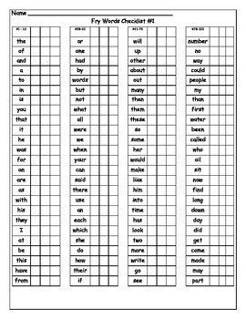 Fry Words Checklist - 10 Word Lists by Lovin' Literacy with LC | TpT