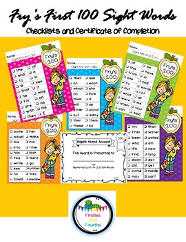 Preview of Fry's First 100 Sight Words Checklist and Certificate - Frys Fry