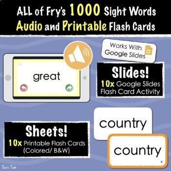 Preview of Fry's First 1000 Sight Words - AUDIO Google Slides and Printable Flash Cards 