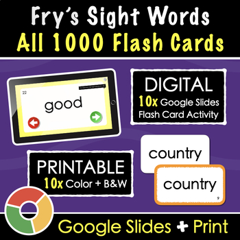 Preview of Fry's First 1000 Sight Words - Digital Google Slides and Printable Flash Cards
