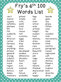sight words list 6th grade