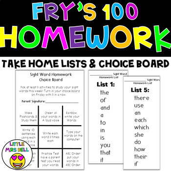 Preview of Frys 100 Homework Lists & Choice Board