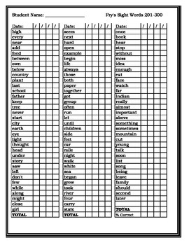 Fry's Sight Word Checklist 201-300 by Teaching Love and Laughter