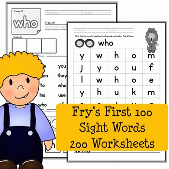 Fry's Sight Words First 100 Words - 200 Worksheets - Literacy Center Work
