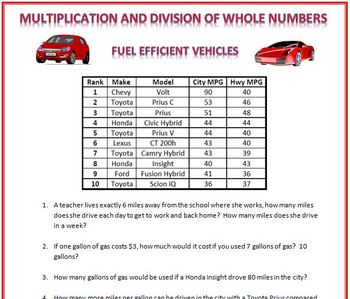 Preview of Fuel Efficiency: Multiplication and Division of Whole Numbers