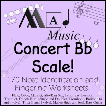 Preview of Full Concert Bb Scale! "Mad Music":Full Band Bundle! 170 Worksheets w/Fingerings