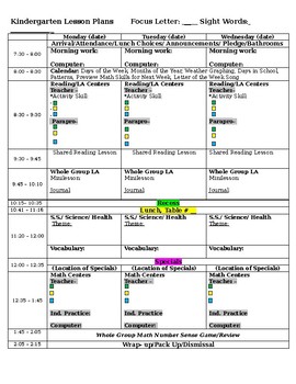 Preview of Full Day Kindergarten Lesson Plan Template with Differentiation