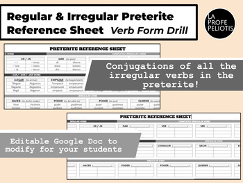 Preview of Full Preterite Regular and Irregular Reference Sheet + Conjugation Drill