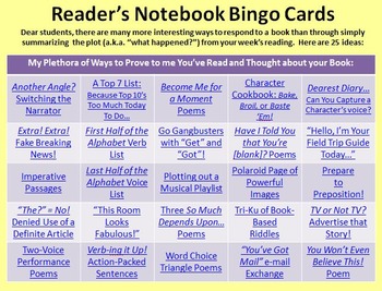 Preview of Full Set: Reading Notebook Bingo Cards