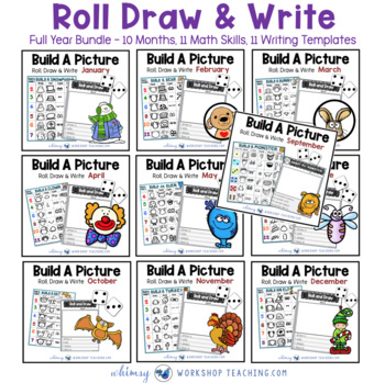 Preview of Roll Draw Write BUNDLE - Math Art + Writing Games for 1st Grade Kindergarten