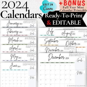 Preview of FULL YEAR Calendar, EDITABLE Monthly Calendar 2024, Yearly Calendar, BUNDLE