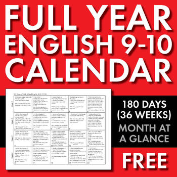 Preview of Full Year Calendar for High School English 9-10, 180 Days of CCSS Calendar, FREE