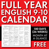 Full Year Calendar for High School English 9-10, 180 Days 