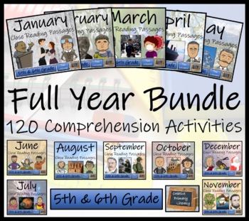 Preview of Full Year Close Reading Comprehension Book Bundle | 5th Grade & 6th Grade