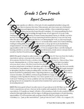 Preview of Full Year of Grade 5 Core French Report Comments