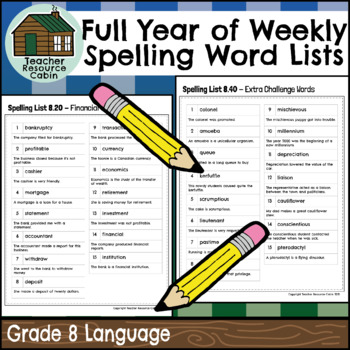 Preview of Full Year of Weekly Spelling Word Lists (Grade 8 Language)