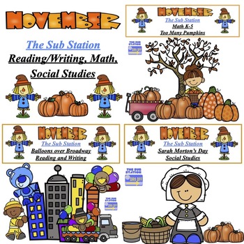 Preview of Full day of November Sub Plans (Reading/Writing, Math, and Social Studies)