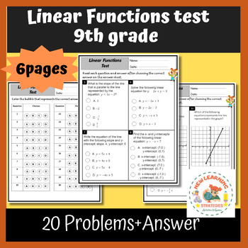 Preview of Fall math activities: Linear Functions Test Answer Sheet with Key for 9th grade