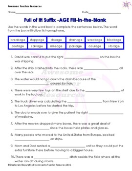 Preview of Full of It! Suffix -AGE Fill-in-the-Blank Worksheet