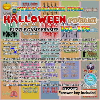 Preview of Fully Colored HALLOWEEN Rebus Puzzle Game Frames 151–175 PNGs
