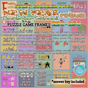Preview of Fully Colored NEW YEAR (Back-to-School) Rebus Puzzle Game Frames 226–250 PNGs