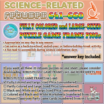 Preview of Fully Colored SCIENCE-RELATED Rebus Puzzle Game Frames 641–660 PNGs