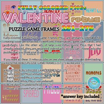 Preview of Fully Colored VALENTINE Rebus Puzzle Game Frames 251–275 PNGs