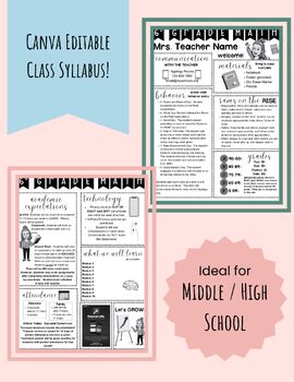 Preview of Fully Editable Class Syllabus - Edit on Canva!  Great for Middle / High School!