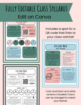 Preview of Fully Editable Class Syllabus - Edit on Canva to match your classroom theme!