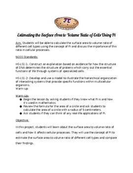 Preview of Fully Editable Pi Day Biology Project Estimating SA:V Ratio in Cells Using Pi