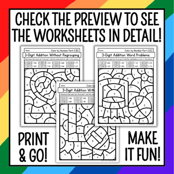 Fun 3 Digit Addition Color by Number Sheets by Don't Worry Teach Happy