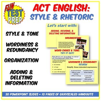 Preview of Fun ACT English Style & Rhetoric PPT: Revising, Organizing, Redundancy, & Tone