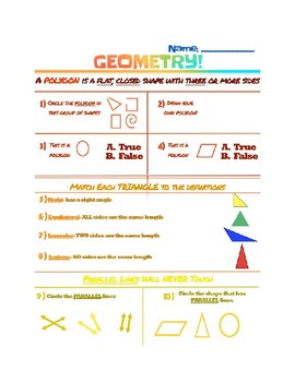 Preview of Fun Basic Geometry Color Coded Assessment or Worksheet