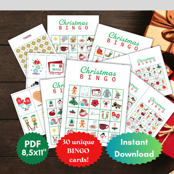 Preview of Fun Christmas Bingo game, Family Game Kid's Activities 30 Unique Bingo Cards