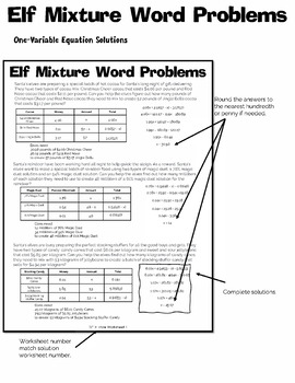 Preview of Mixture One Variable Word Problems:  Christmas Elf Worksheet and Solutions Set 3