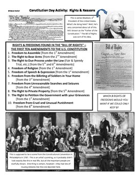 Preview of History U.S. or Government - Fun Constitution Day Activity - Rights & Reasons