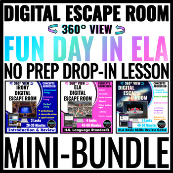 Preview of Fun Day ELA 360° View Digital Escape Room Mini-BUNDLE | No Prep Drop-In Lessons