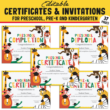 Preview of Fun Editable Certificates and Invitations for Preschool, Pre-K, and Kindergarten