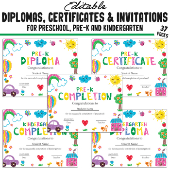 Preview of Fun & Editable PreK, Kindergarten, Preschool Diplomas, Certificates, Invitations