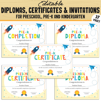 Preview of Fun & Editable Preschool Pre-K Kindergarten Diplomas Certificates & Invitations