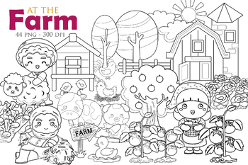 Preview of Fun Farmer Family and Animal At The Farm Cartoon Digital Stamp Outline Bundles