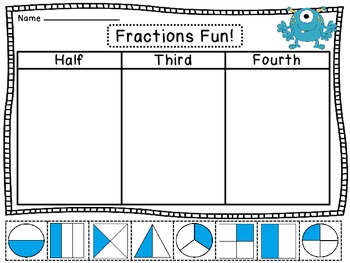 Preview of Fractions Worksheets (3 Cute Thirds Halves and Fourths Sorts)