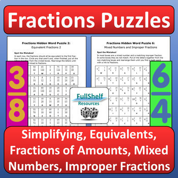 Preview of Fun Fractions Practice Review Puzzles Math Worksheets 4th 5th Grade Activities