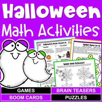 Preview of Fun Halloween Math Activities - Worksheets, Games, Brain Teasers & Boom Cards