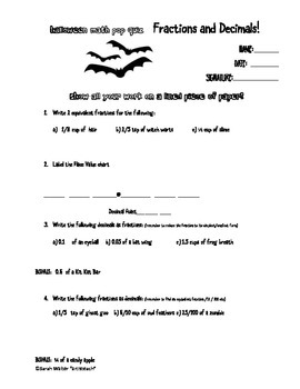 Preview of Fun Halloween Math Quiz Fractions and Decimals Elementary