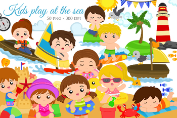 Preview of Fun Kids Playing At The Sea Summer Activity Holiday Sticker Clipart Bundles