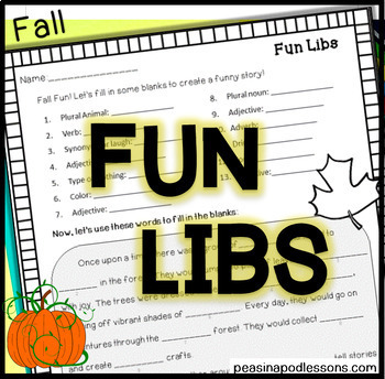 Preview of Fun Libs Kids Fall Similar to Mad Libs ™ Second Grade + ⭐ Fun Friday Activities